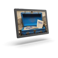 Un'immagine incorniciata di una valigia aperta con un interno blu acceso, contenente una lettera con la parola 