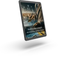 Tablet con rendering 3D che mostra un grafico aziendale. La copertina presenta una scena di pianificazione urbana con una persona che usa uno strumento di misurazione, edifici sullo sfondo e il testo 