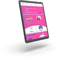 Un tablet che mostra il sito web dello Spatial Cognition Lab con un design rosa e viola. Presenta sezioni per People, Publications, Research ed Events con le icone corrispondenti e un avviso 