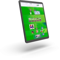 Un tablet che mostra una pagina web verde brillante con sezioni di testo e immagini colorate. Lo schermo mostra varie icone e grafici, tra cui illustrazioni di persone in movimento. Il tablet è leggermente inclinato a sinistra con uno sfondo nero.