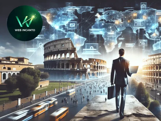 Un uomo d'affari con una valigetta è in piedi davanti al Colosseo a Roma, di fronte a una mappa digitale del mondo con icone tecnologiche, simbolo di business e connettività globale. Il logo di Web Incanto appare nell'angolo in alto a sinistra. Un uomo d'affari con una valigetta è in piedi davanti al Colosseo a Roma, di fronte a una mappa digitale del mondo con icone tecnologiche, simbolo di business e connettività globale. Il logo di Web Incanto appare nell'angolo in alto a sinistra.