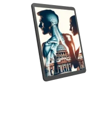 Un'opera d'arte digitale di due persone affiancate. Una ha caratteristiche anatomiche che mostrano lo scheletro e il cervello. L'altra appare in silhouette. Una struttura a cupola ricopre la parte inferiore del corpo, fondendo l'architettura con le forme umane.