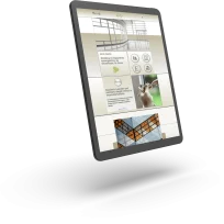 Un tablet inclinato che mostra un sito web con sezioni dedicate all'ingegneria strutturale e alle immagini architettoniche. Lo schermo mostra icone che rappresentano servizi e un primo piano di una struttura in acciaio.