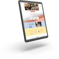Un tablet che mostra un sito web colorato con sezioni che presentano immagini, testo e icone. Il design include un'intestazione con foto, un contenuto intermedio con testo e icone e una sezione footer. Il tablet è leggermente inclinato a sinistra.