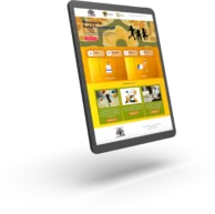 Un tablet che mostra una homepage colorata di un sito web per un Social Cognitive Lab. Il design presenta illustrazioni di persone e icone con sezioni intitolate 