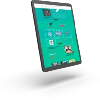 Un tablet digitale che mostra un sito web color verde acqua con sezioni intitolate 
